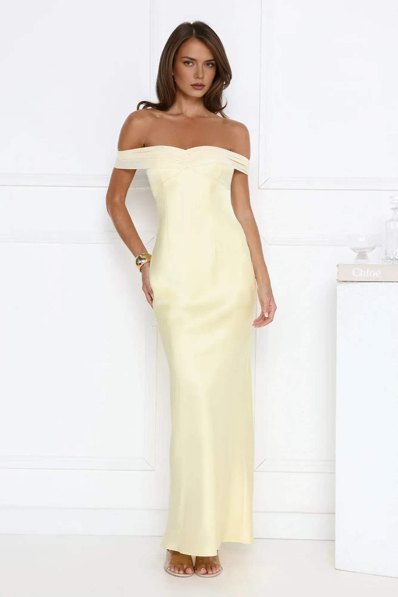 Elegant Sheath Off-Shoulder Ruched Satin Light Yellow Floor-Length Prom Dress With Tie