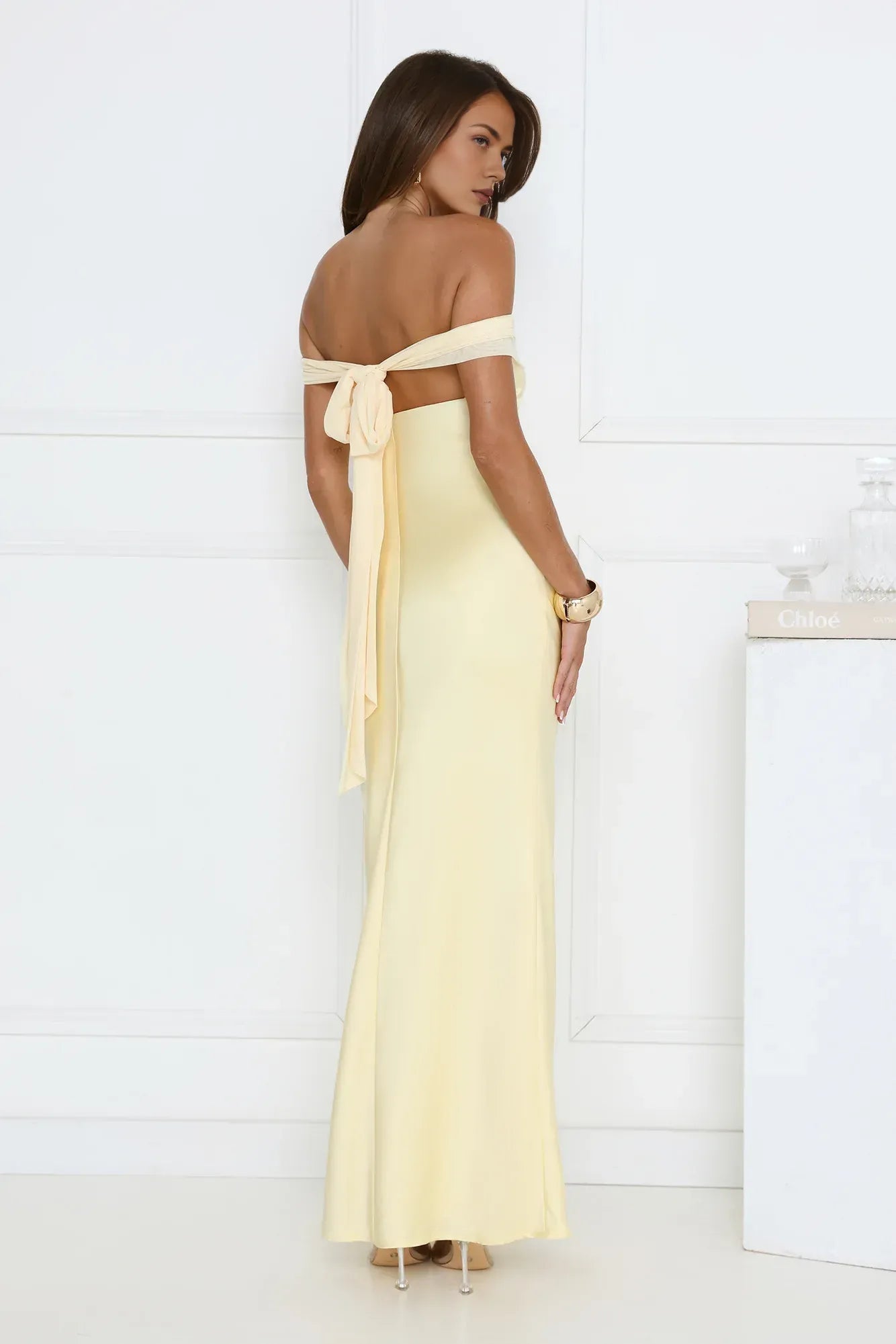 Elegant Sheath Off-Shoulder Ruched Satin Light Yellow Floor-Length Prom Dress With Tie