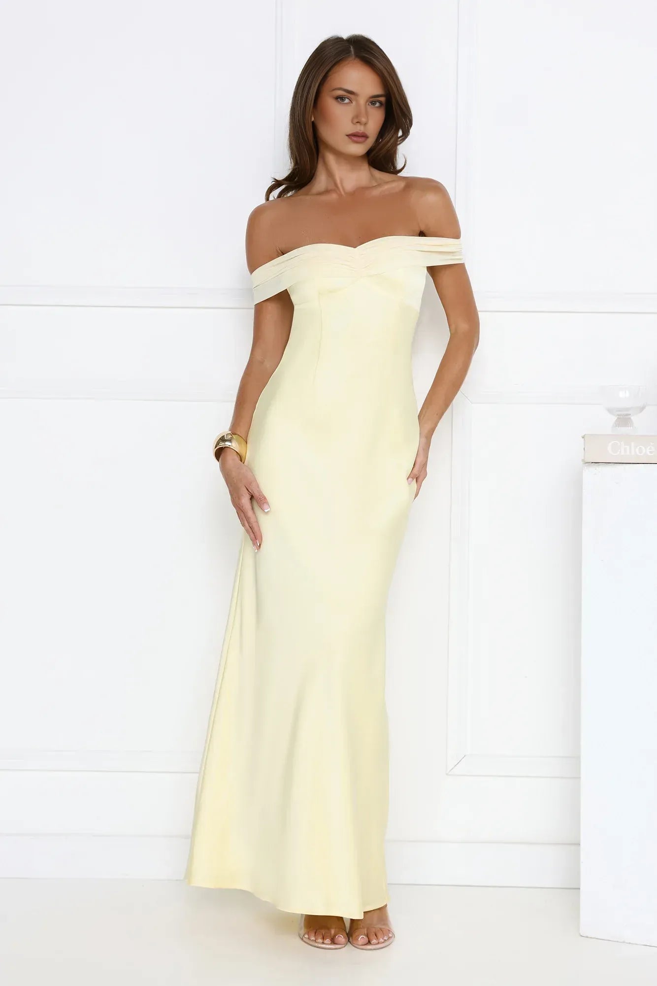 Elegant Sheath Off-Shoulder Ruched Satin Light Yellow Floor-Length Prom Dress With Tie