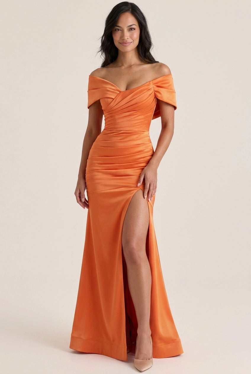 Elegant Sheath Off-Shoulder Ruched Slit Satin Orange Floor-Length Prom Dress