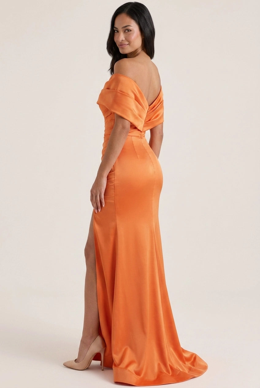 Elegant Sheath Off-Shoulder Ruched Slit Satin Orange Floor-Length Prom Dress