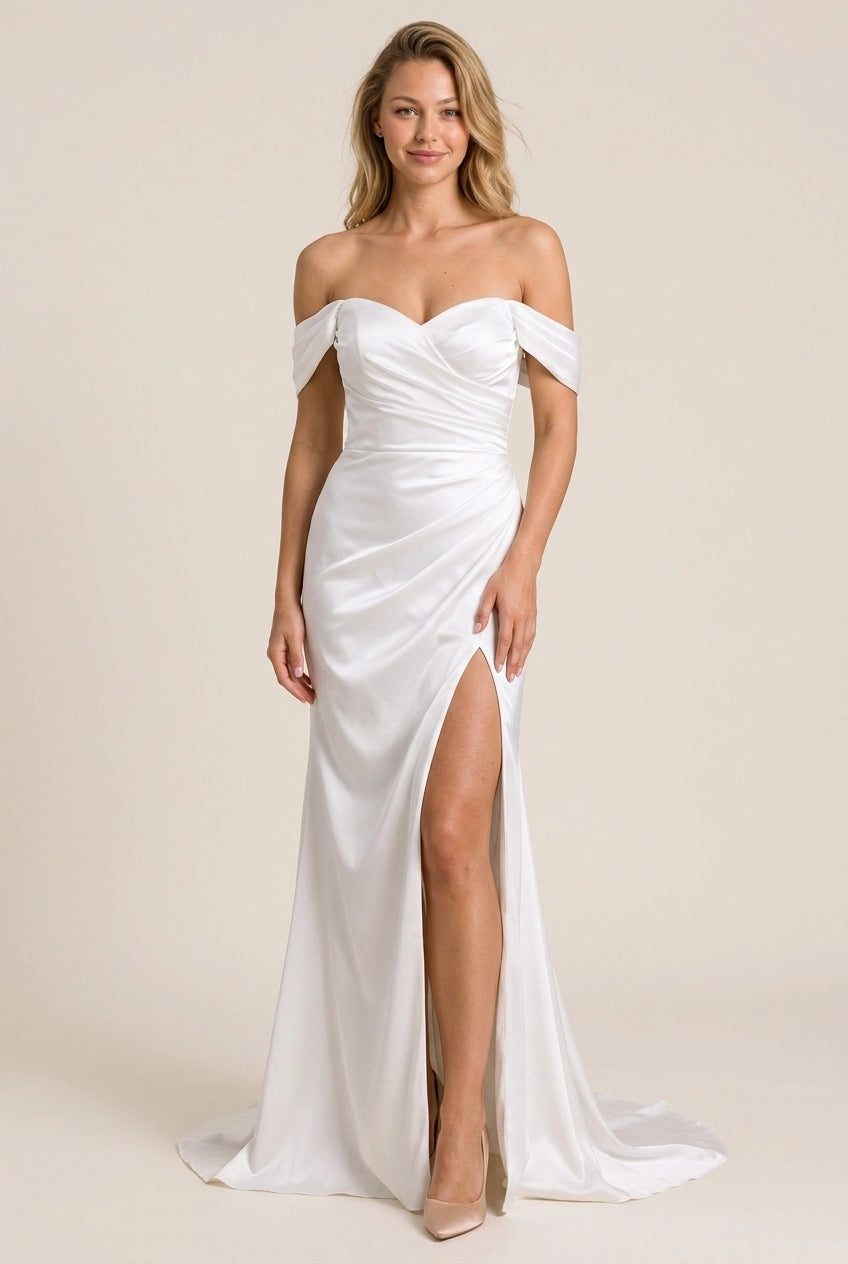 Elegant Sheath Off-Shoulder Sweetheart High Slit Ruched Satin Ivory Floor-Length Prom Dress