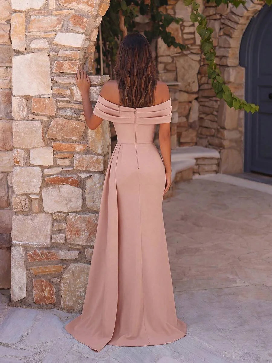 Elegant Sheath Off-Shoulder Sweetheart Ruched Draped Blush Pink Floor-Length Prom Dress