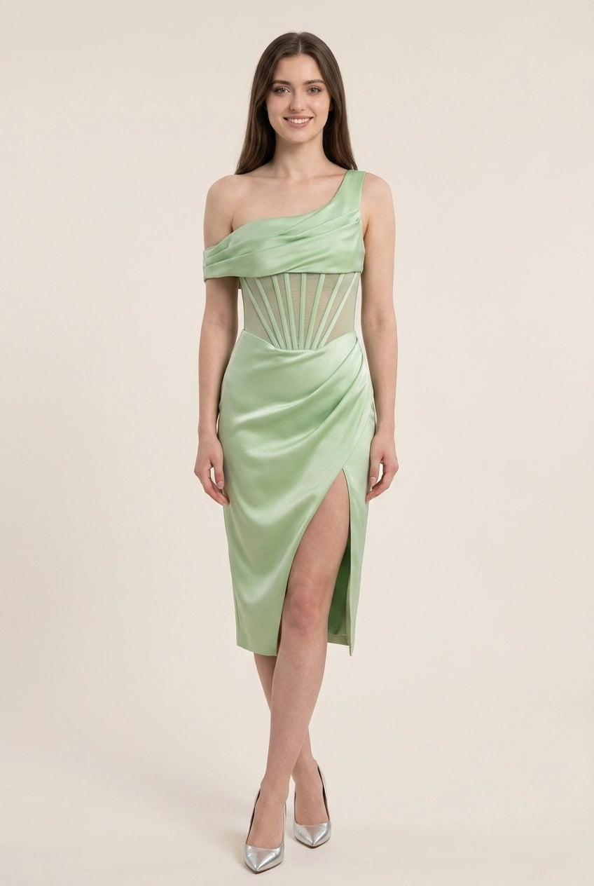 Elegant Sheath One-Shoulder Corset Satin Mint Green Knee-Length Homecoming Dress