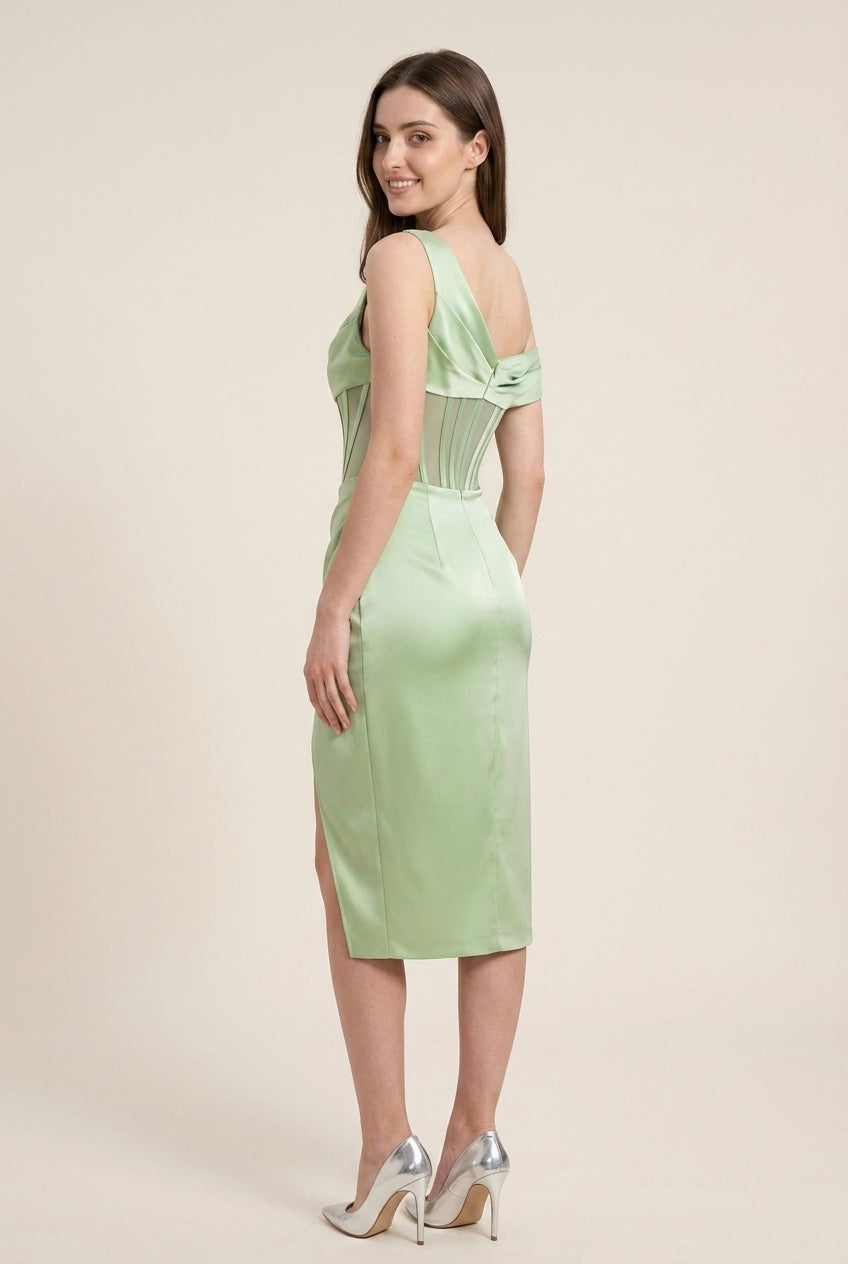 Elegant Sheath One-Shoulder Corset Satin Mint Green Knee-Length Homecoming Dress