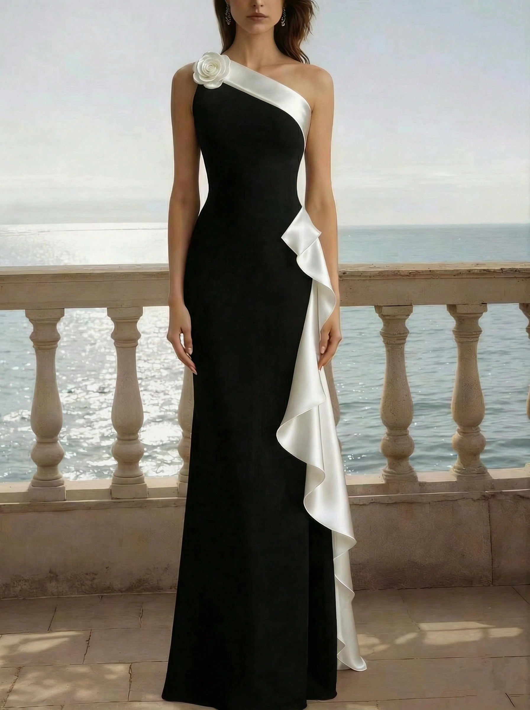 Elegant Sheath One-Shoulder Ruffle Floral Accent Black White Floor-Length Prom Dress