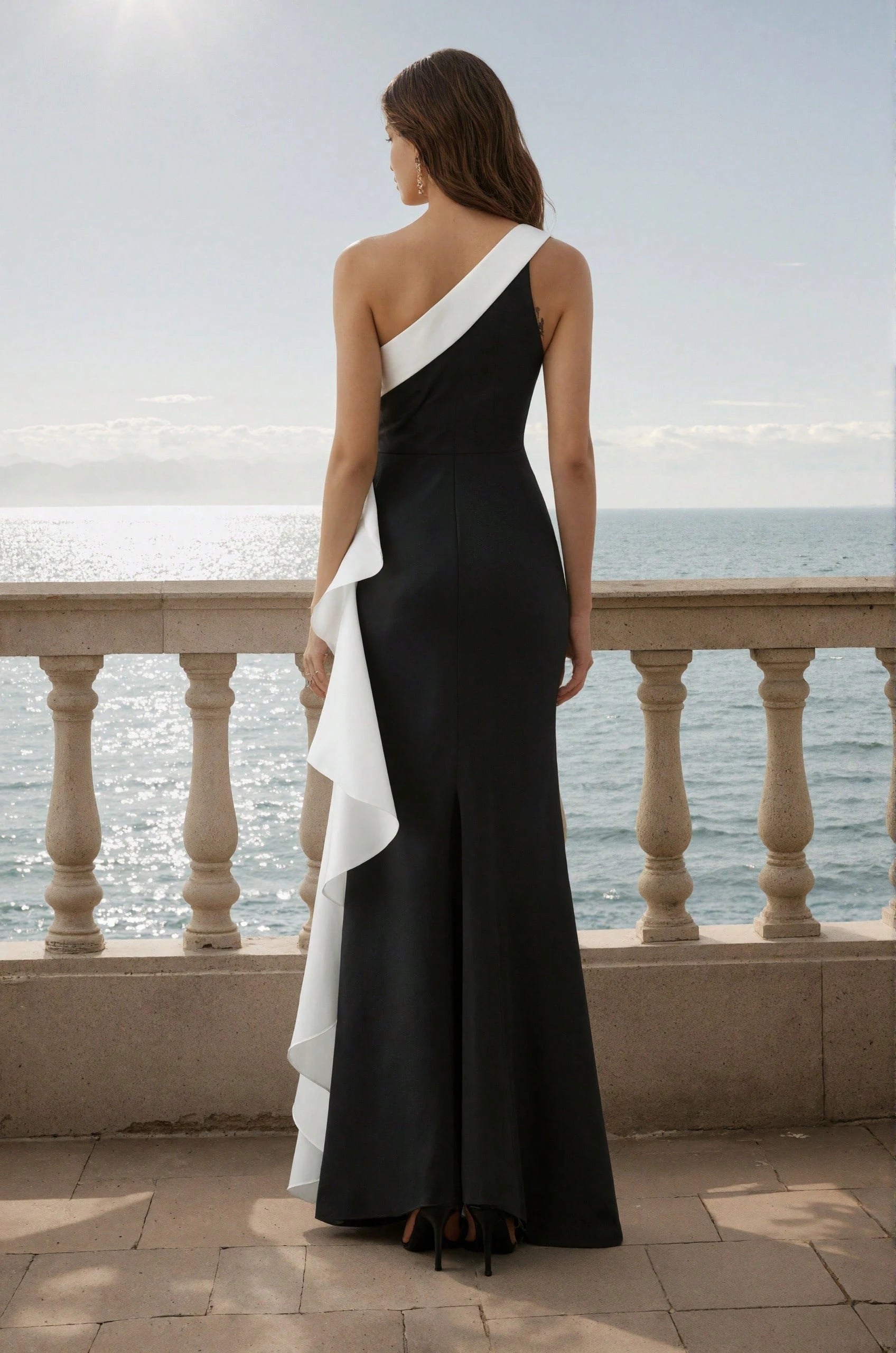 Elegant Sheath One-Shoulder Ruffle Floral Accent Black White Floor-Length Prom Dress