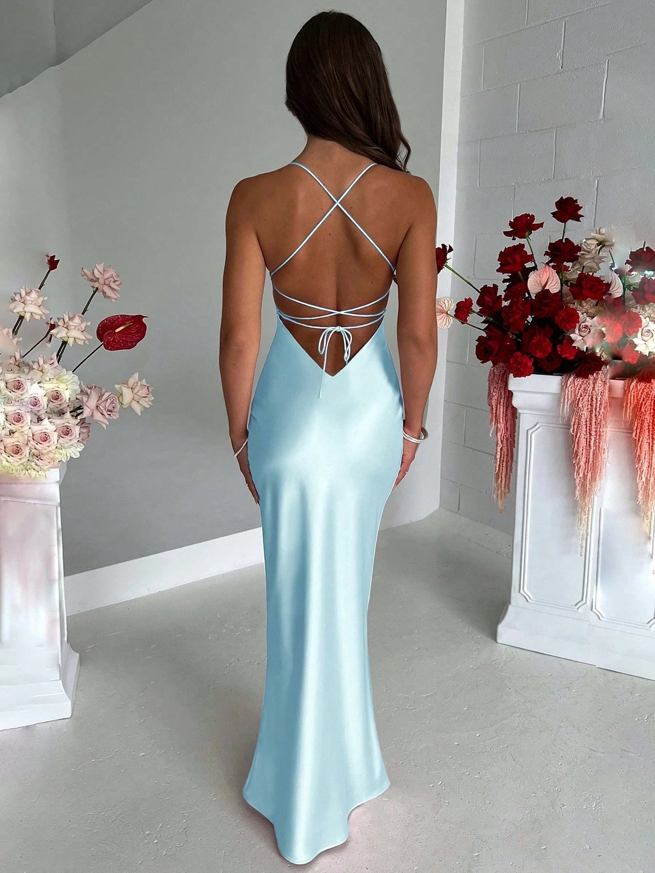 Elegant Sheath Spaghetti Straps Backless Satin Light Blue Floor-Length Prom Dress