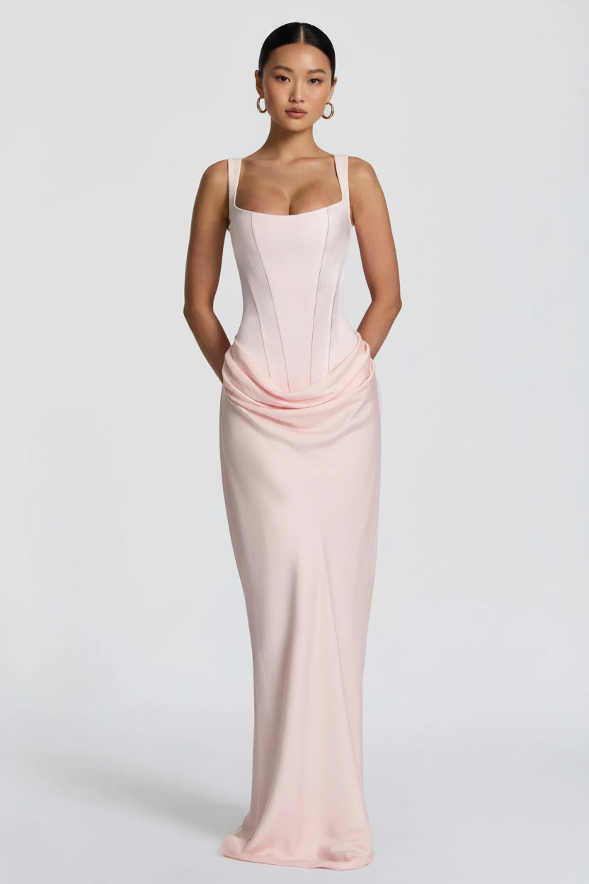 Elegant Sheath Square Neck Corset Draped Blush Pink Floor-Length Prom Dress