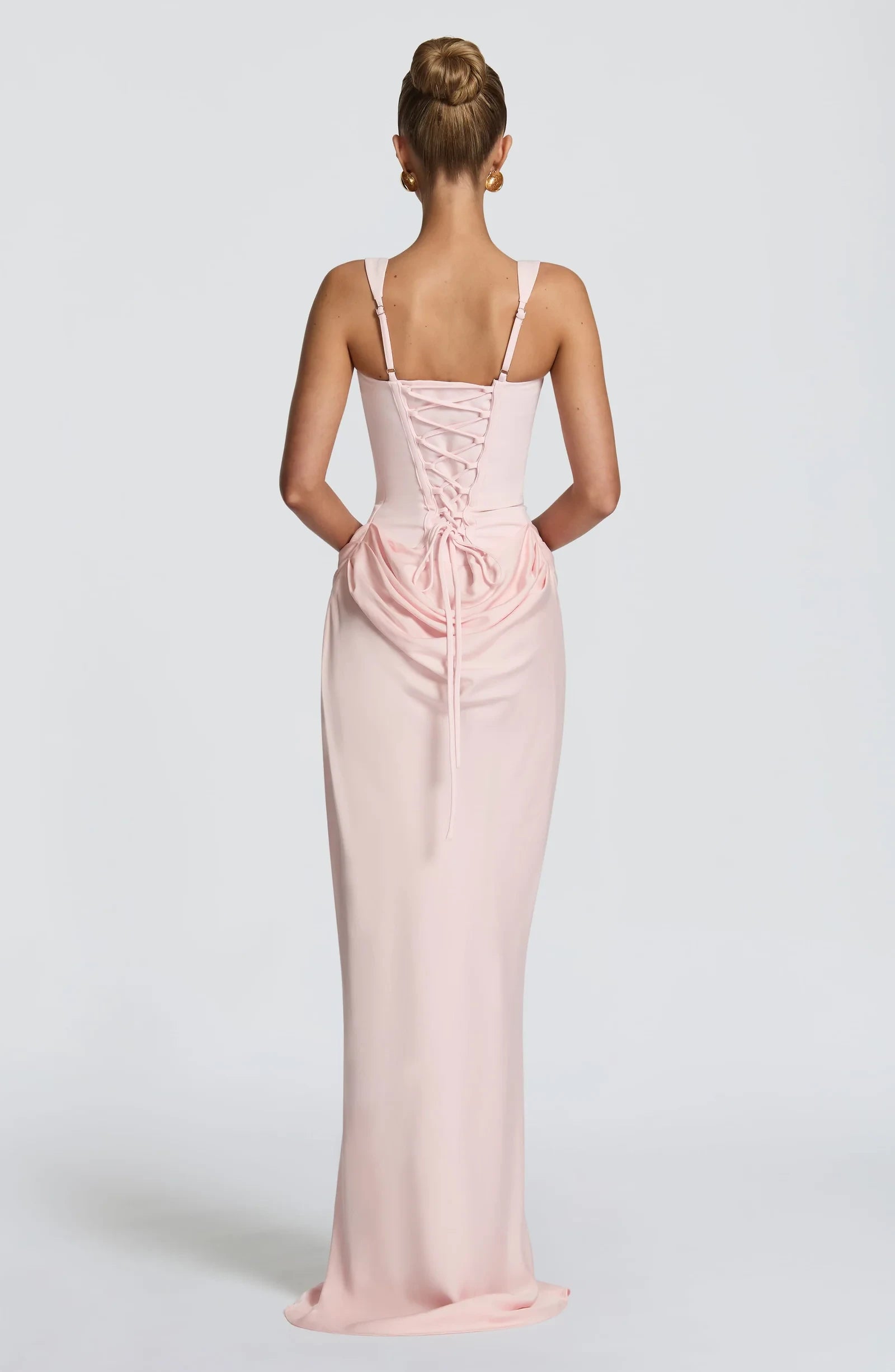Elegant Sheath Square Neck Corset Draped Blush Pink Floor-Length Prom Dress