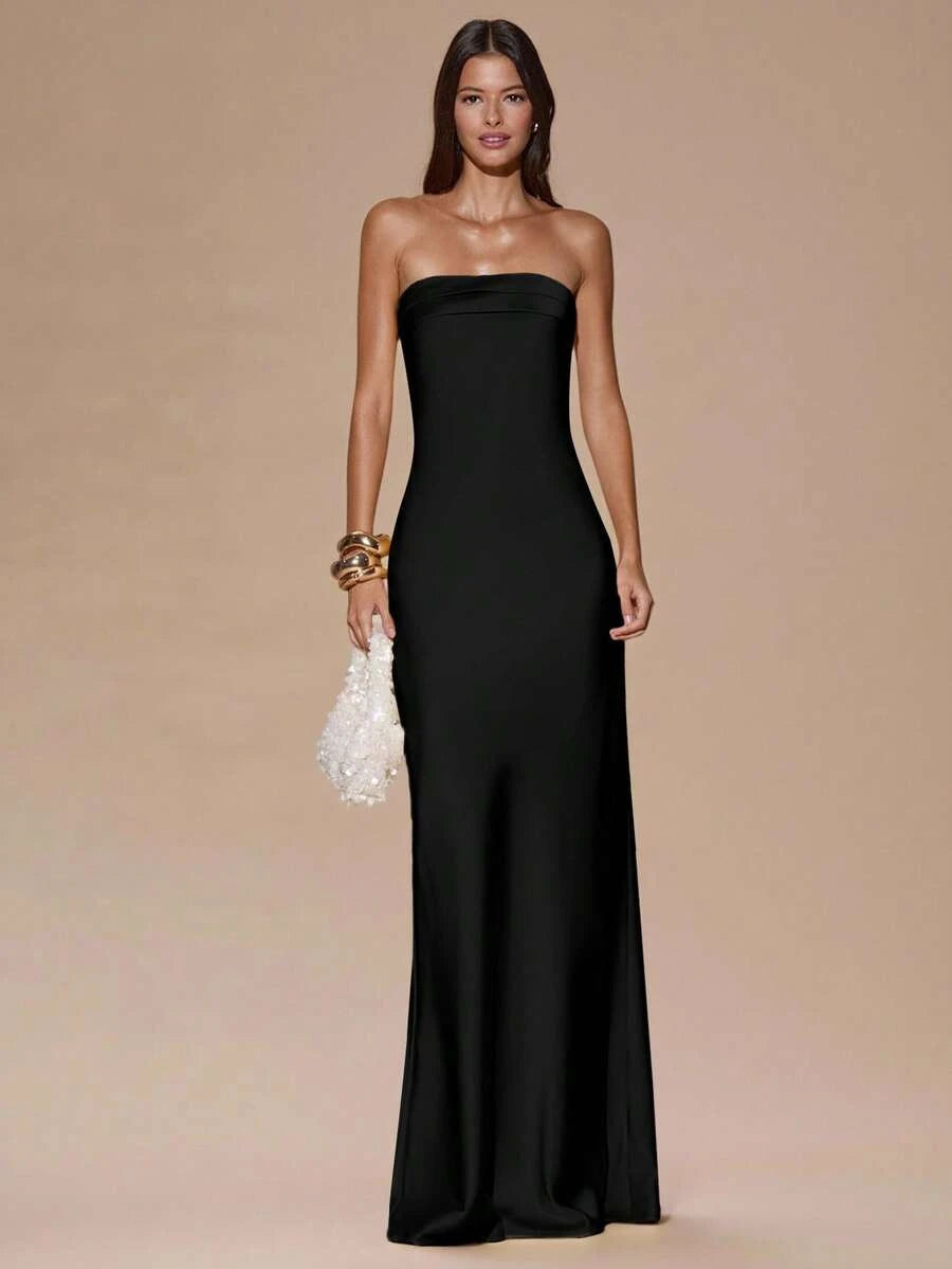 Elegant Sheath Strapless Back Tie Bow Minimalist Black Floor-Length Prom Dress