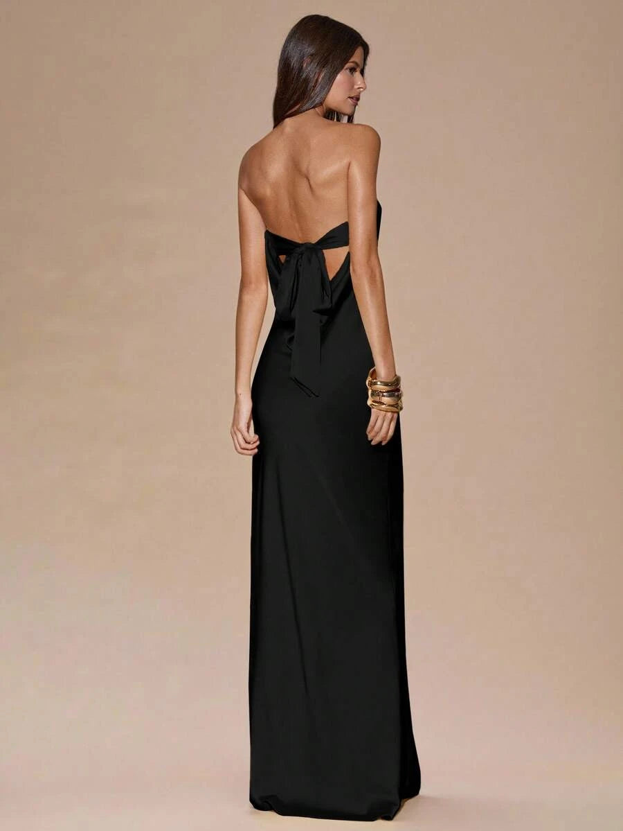 Elegant Sheath Strapless Back Tie Bow Minimalist Black Floor-Length Prom Dress
