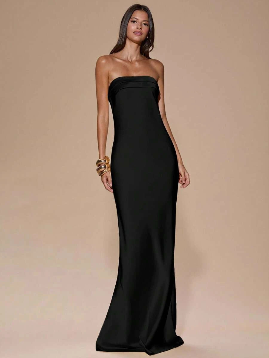 Elegant Sheath Strapless Back Tie Bow Minimalist Black Floor-Length Prom Dress