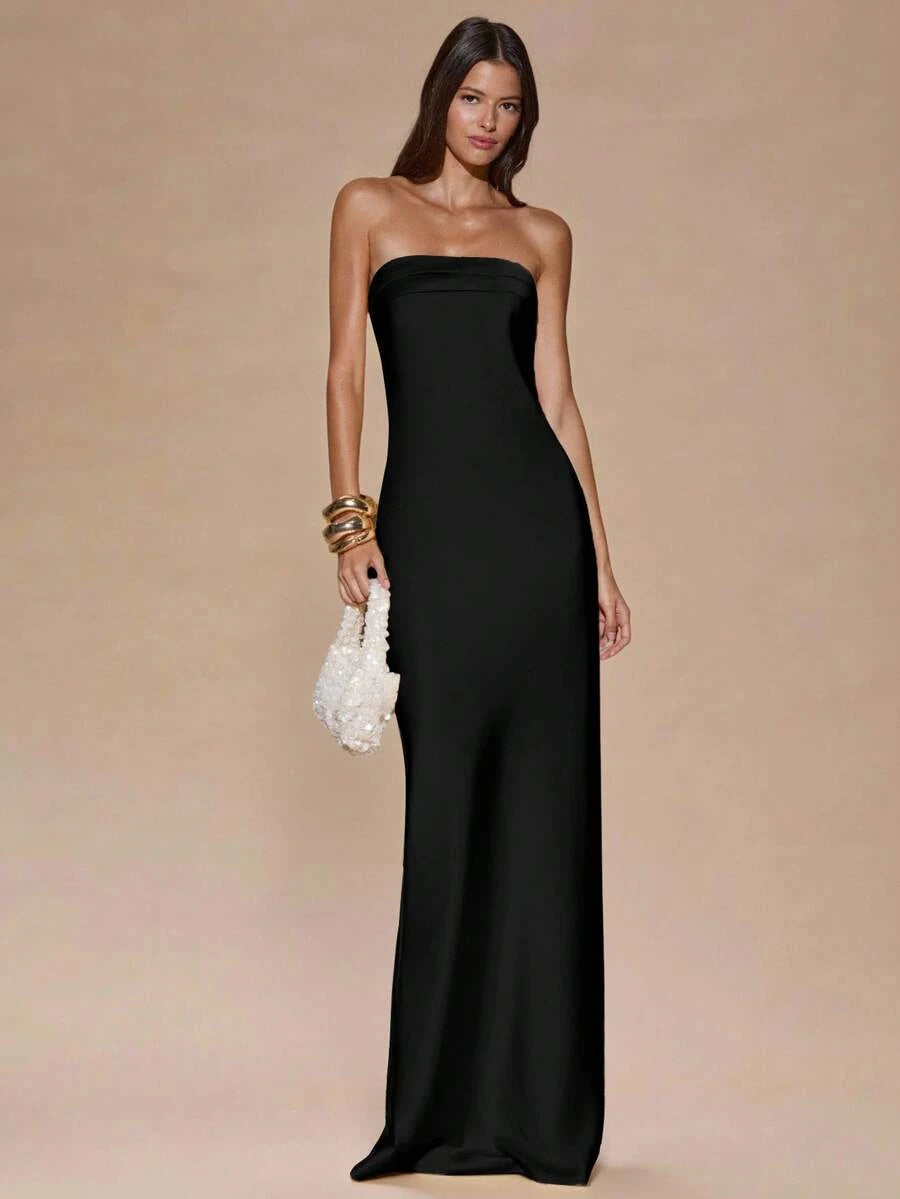 Elegant Sheath Strapless Back Tie Bow Minimalist Black Floor-Length Prom Dress