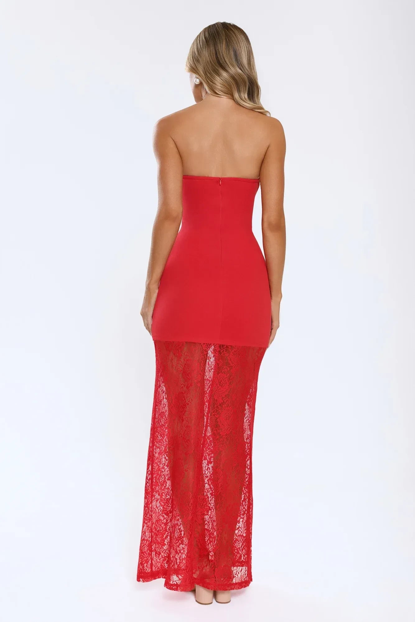 Elegant Sheath Strapless Sheer Lace Skirt Bodycon Red Floor-Length Prom Dress