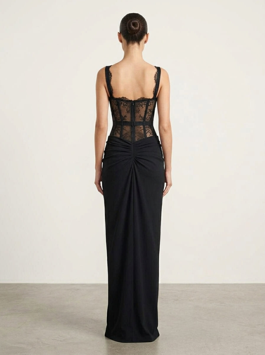Elegant Sheath Sweetheart Corset Lace Black Floor-Length Prom Dress With Slit