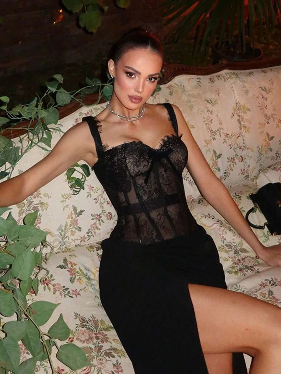 Elegant Sheath Sweetheart Corset Lace Black Floor-Length Prom Dress With Slit