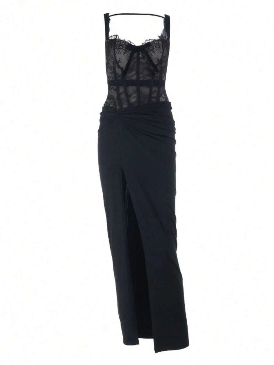 Elegant Sheath Sweetheart Corset Lace Black Floor-Length Prom Dress With Slit