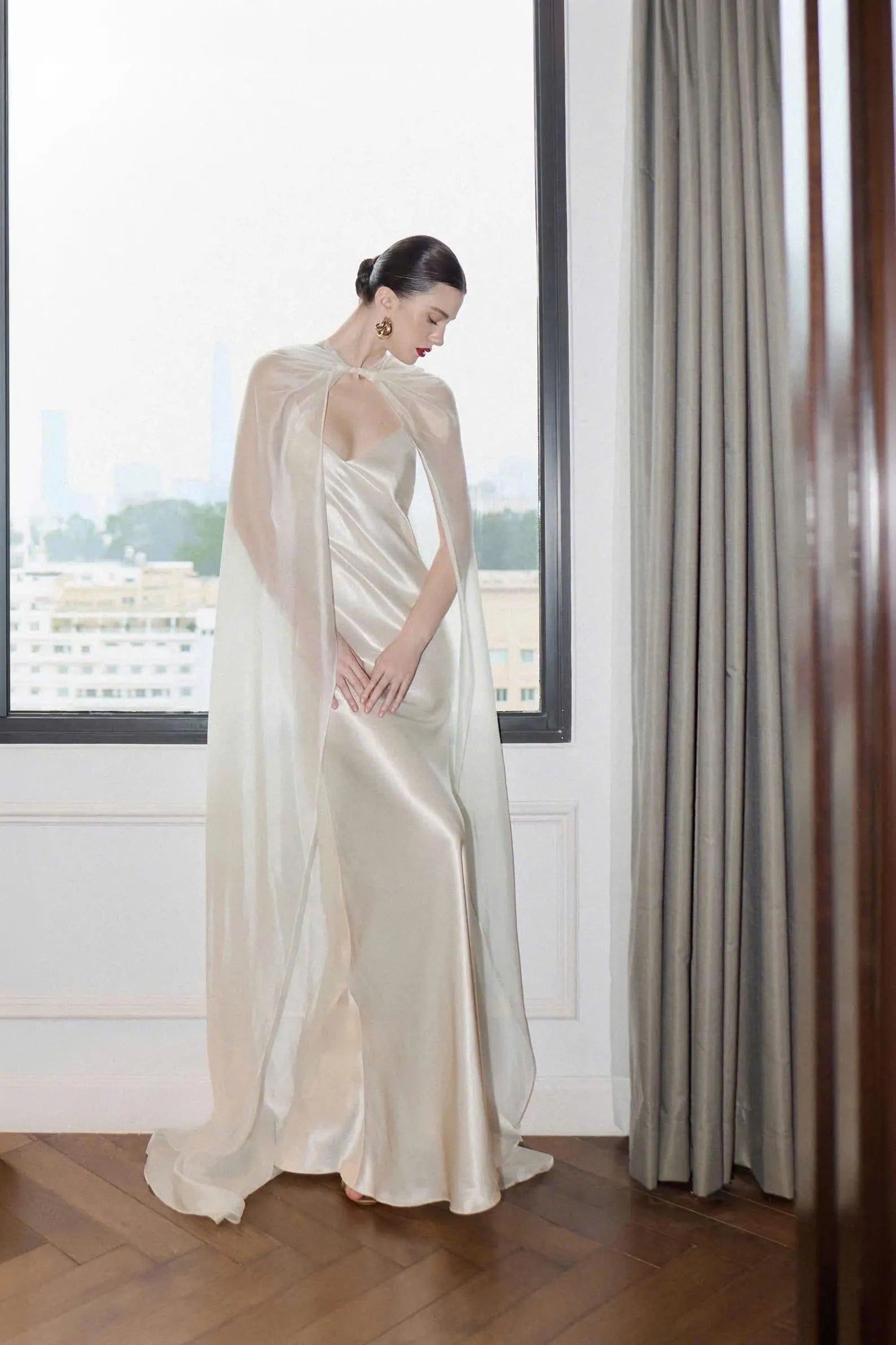 Elegant Sheath V-Neck Backless Silky Champagne Floor-Length Prom Dress With Cape