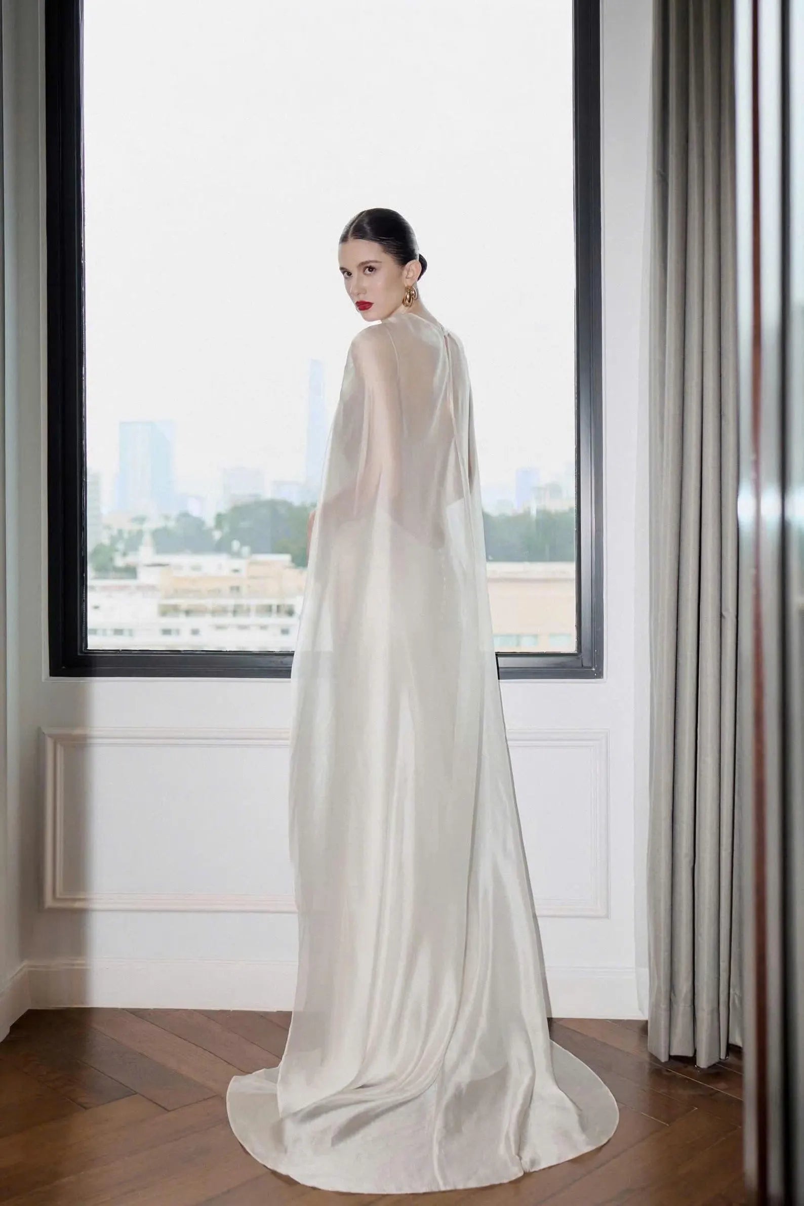 Elegant Sheath V-Neck Backless Silky Champagne Floor-Length Prom Dress With Cape