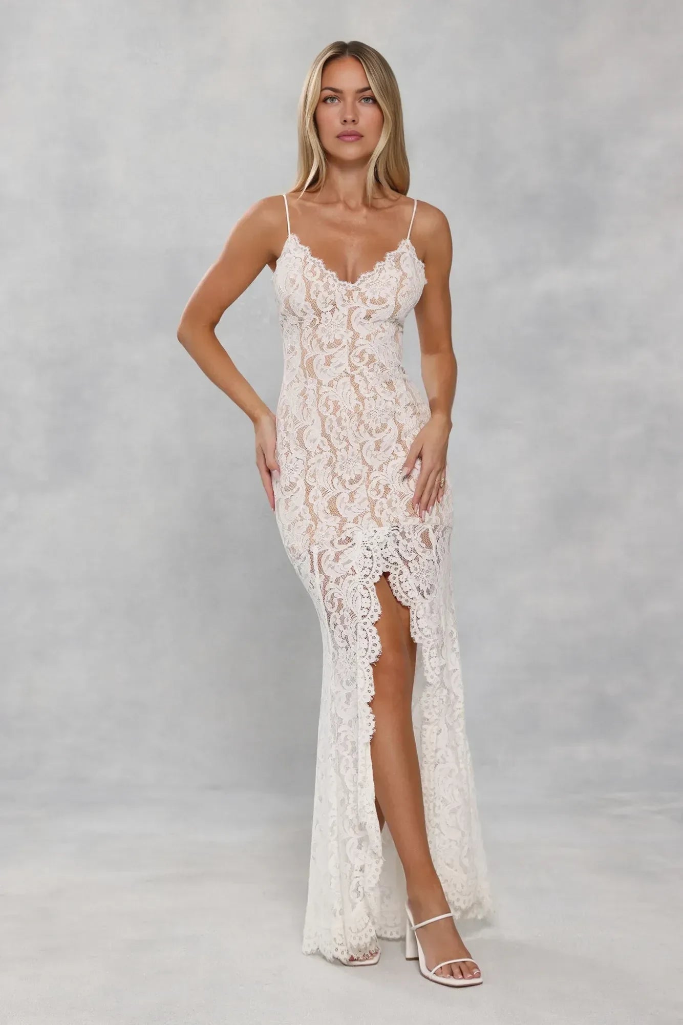 Elegant Sheath V-Neck Spaghetti Straps High Slit Lace Overlay White Floor-Length Prom Dress