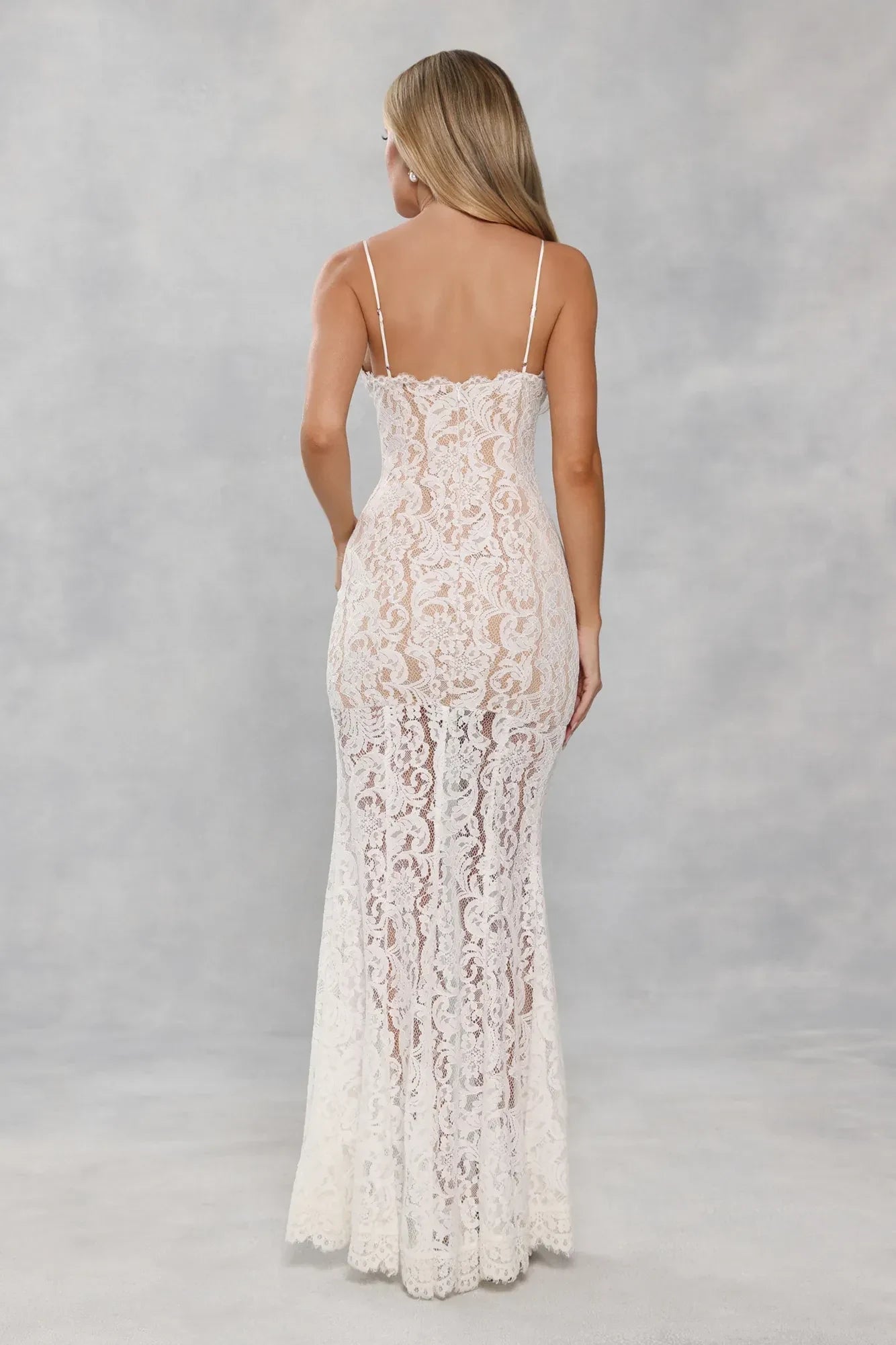 Elegant Sheath V-Neck Spaghetti Straps High Slit Lace Overlay White Floor-Length Prom Dress