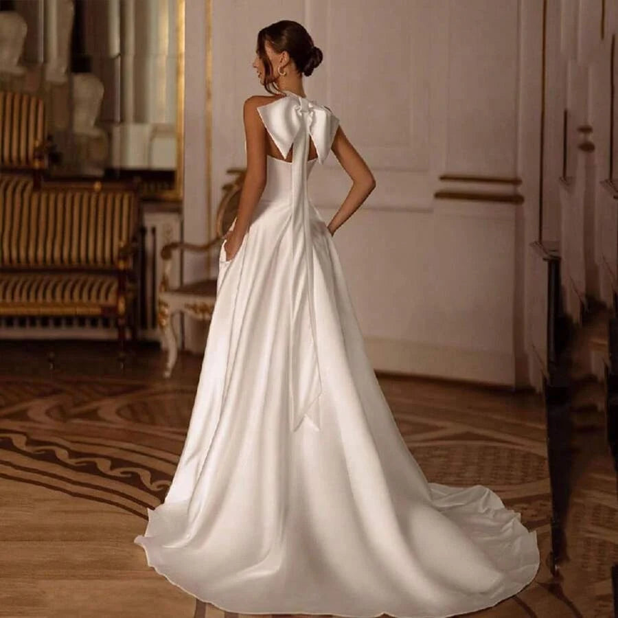 Elegant Stunning A-Line Halter High Slit Back Bow Satin Ivory Floor-Length Prom Dress Hot Sale
