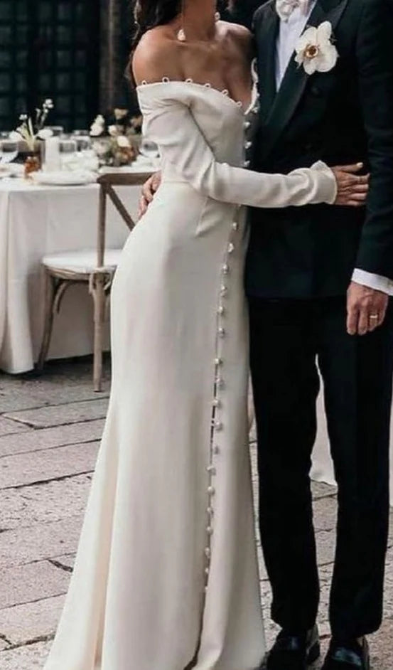 Elegant Unique Mermaid Off-Shoulder Long-Sleeve Button White Train Wedding Dress