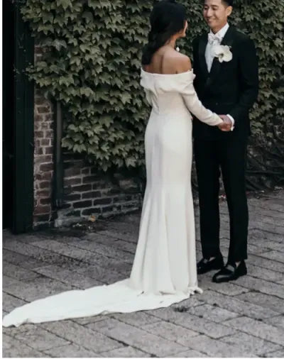 Elegant Unique Mermaid Off-Shoulder Long-Sleeve Button White Train Wedding Dress