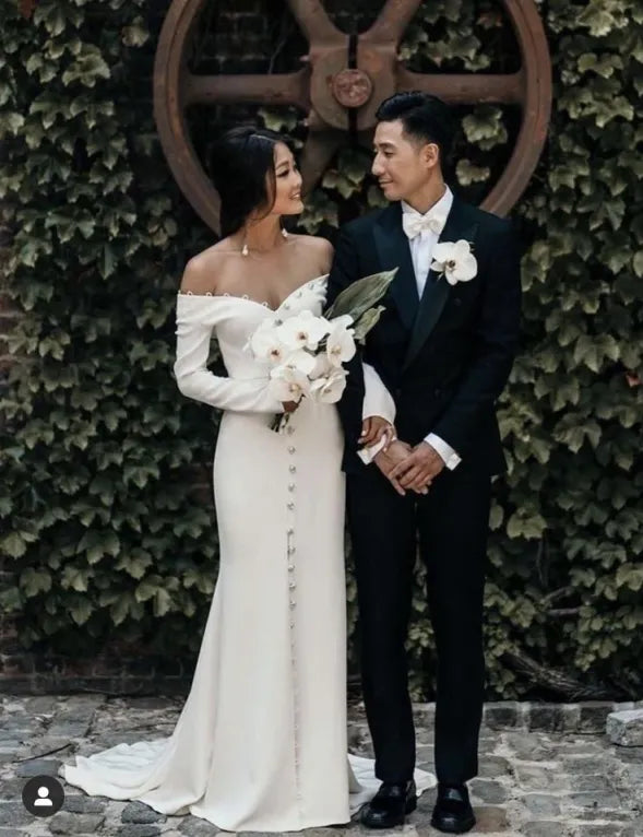 Elegant Unique Mermaid Off-Shoulder Long-Sleeve Button White Train Wedding Dress