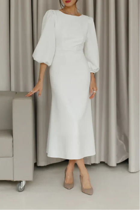 Elegant White Satin Round Neck Puff Short Sleeves Backless Prom Dresses White Midi Dress Wedding Guest Dress