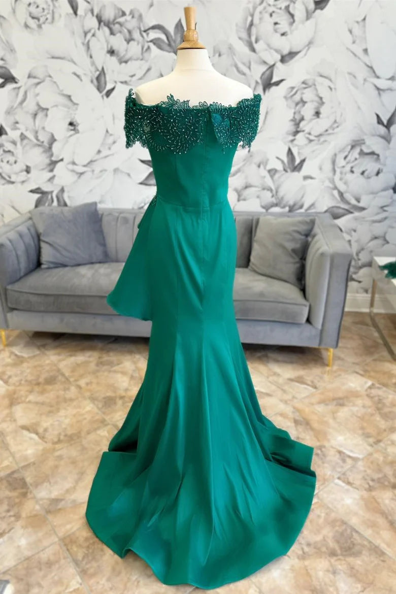 Emerald Applique V Neck Off-the-Shoulder Trumpet Long Mother of the Bride Dress With Train