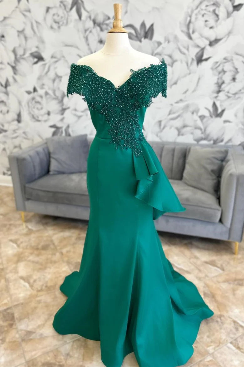 Emerald Applique V Neck Off-the-Shoulder Trumpet Long Mother of the Bride Dress With Train