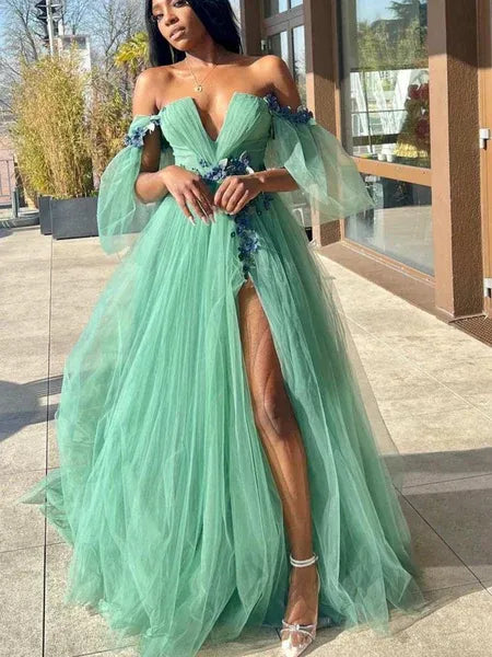 Enchanting A-line Off Shoulder Floral Tulle Sage Green Long Prom Dress With Slit