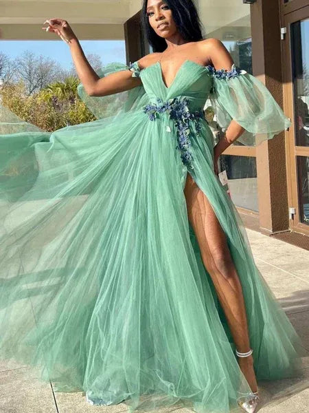 Enchanting A-line Off Shoulder Floral Tulle Sage Green Long Prom Dress With Slit