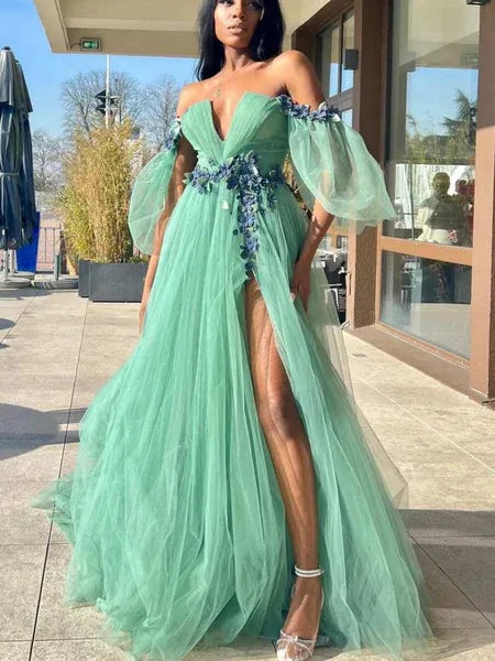 Enchanting A-line Off Shoulder Floral Tulle Sage Green Long Prom Dress With Slit