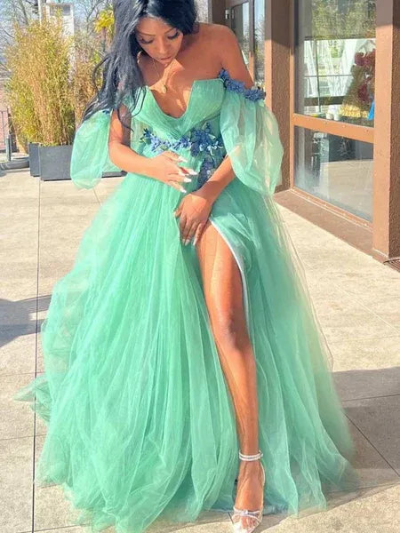 Enchanting A-line Off Shoulder Floral Tulle Sage Green Long Prom Dress With Slit