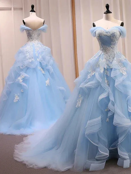 Enchanting A-line Off Shoulder Lace Appliques Tulle Sky Blue High Low Prom Dress