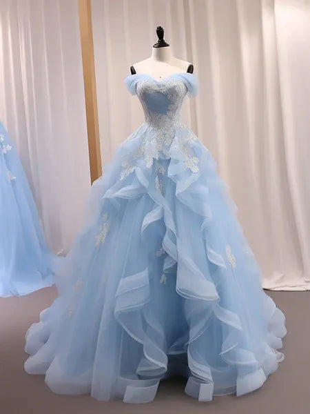 Enchanting A-line Off Shoulder Lace Appliques Tulle Sky Blue High Low Prom Dress
