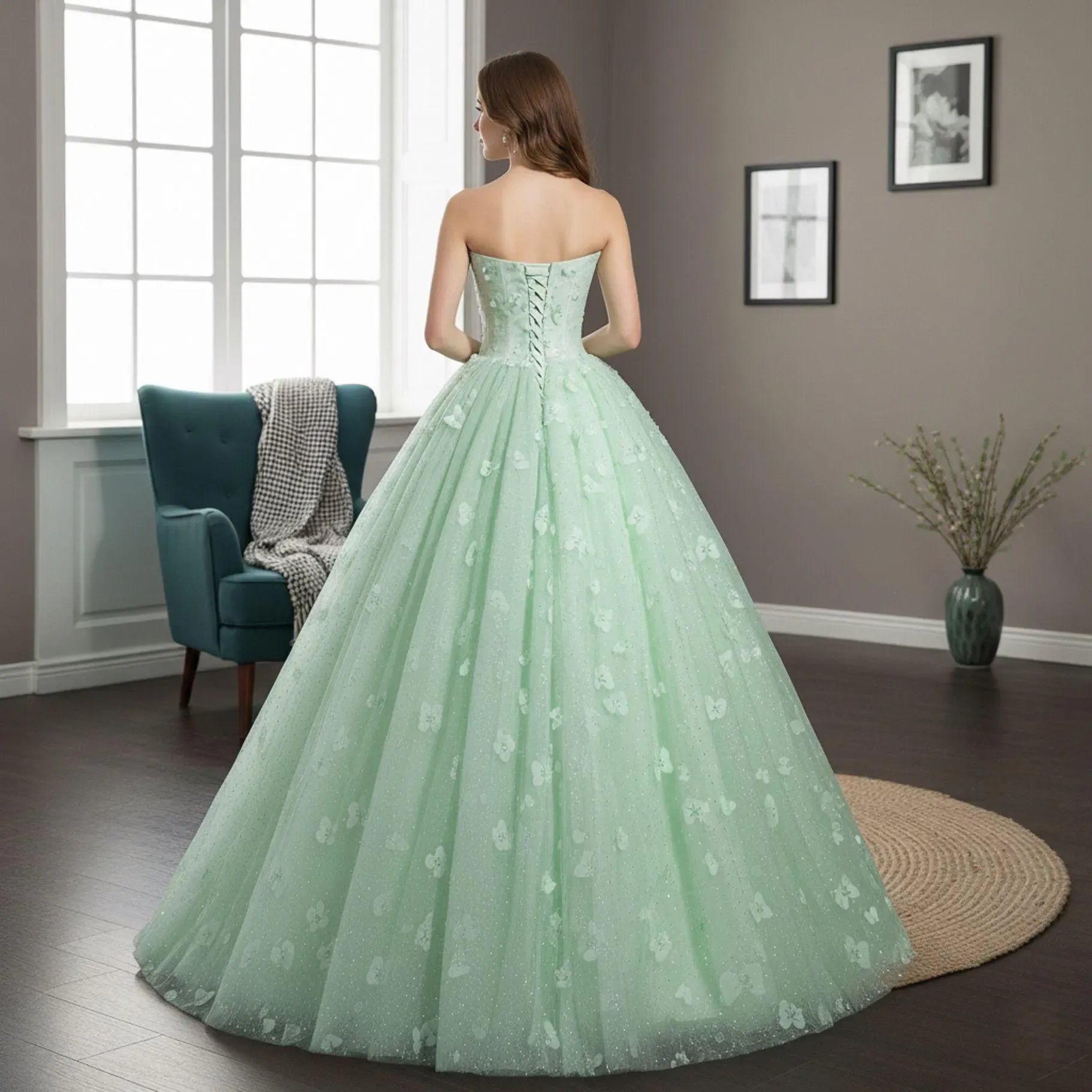 Enchanting Ball Gown Sweetheart Floral Appliques Tulle Mint Floor-Length Prom Dress
