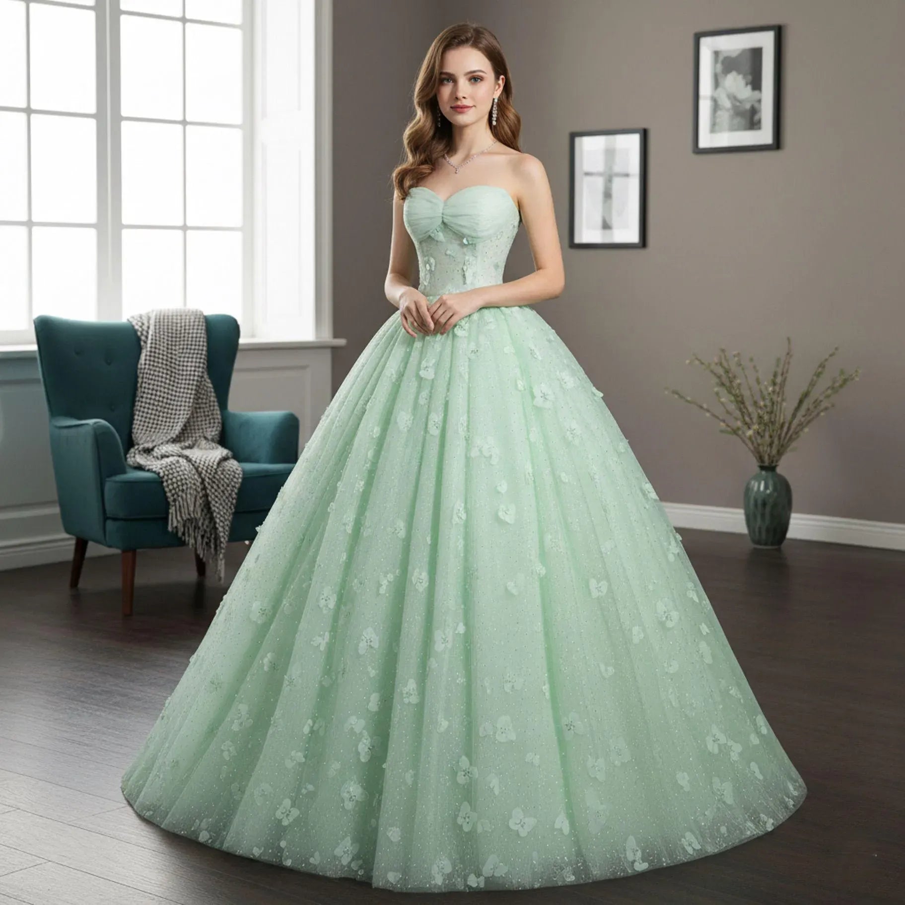 Enchanting Ball Gown Sweetheart Floral Appliques Tulle Mint Floor-Length Prom Dress