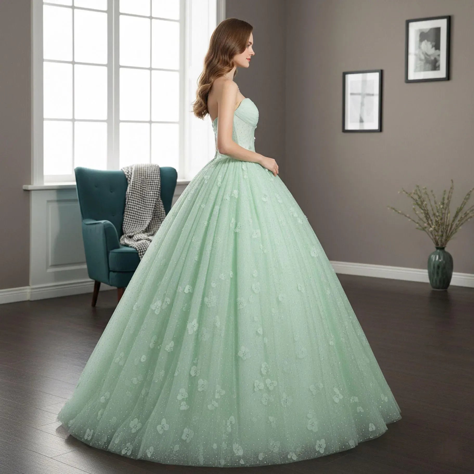 Enchanting Ball Gown Sweetheart Floral Appliques Tulle Mint Floor-Length Prom Dress