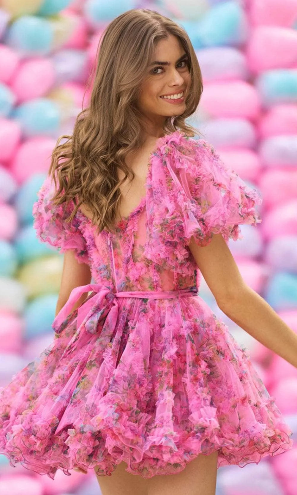 Enchanting A-Line Sweetheart Puffy Sleeves Floral Ruffled Pink Short Homecoming Dress