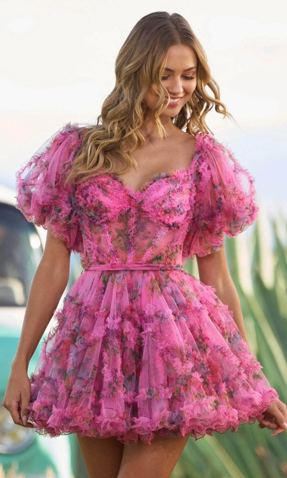 Enchanting A-Line Sweetheart Puffy Sleeves Floral Ruffled Pink Short Homecoming Dress