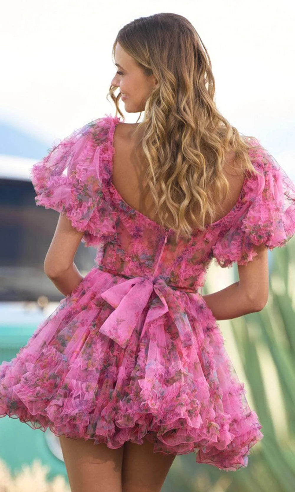 Enchanting A-Line Sweetheart Puffy Sleeves Floral Ruffled Pink Short Homecoming Dress