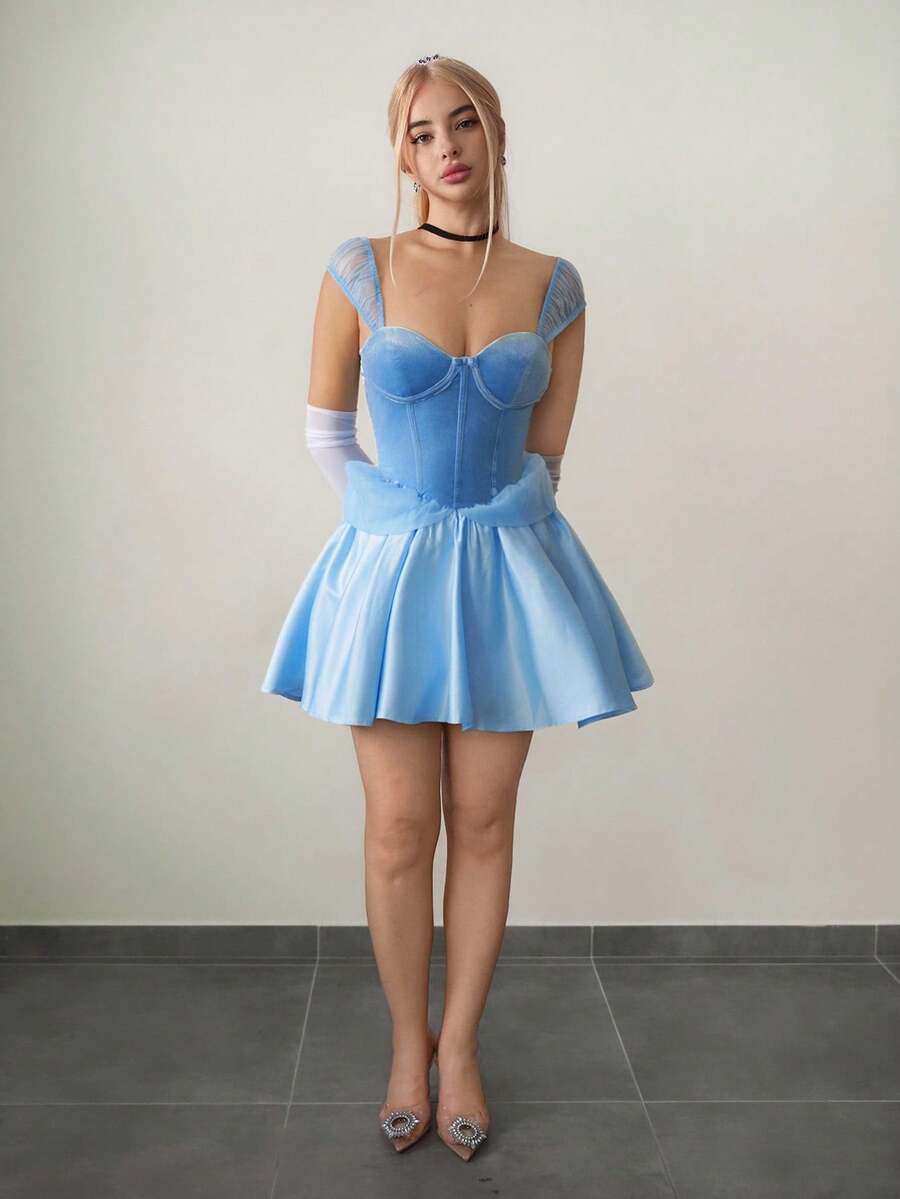 Enchanting A-Line Sweetheart Sheer Cap Sleeve Corset Sky Blue Short Homecoming Dress