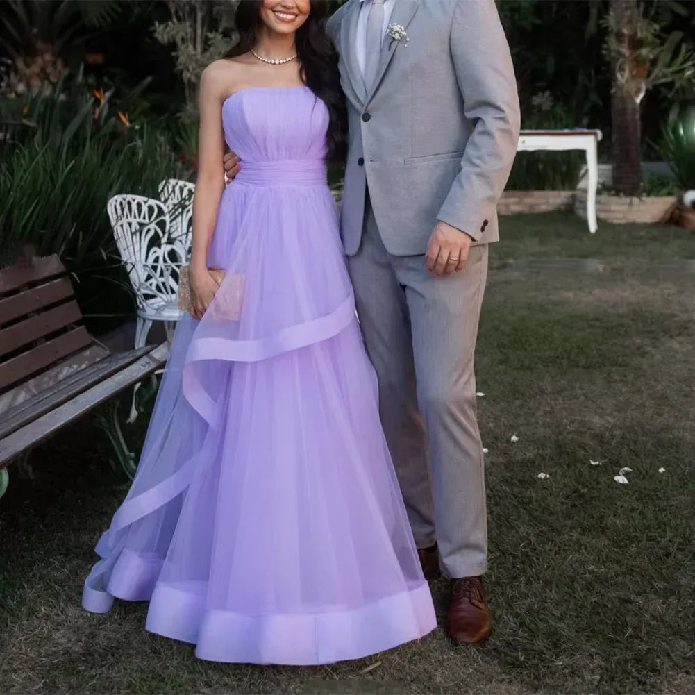 Ethereal A-Line Strapless Layered Tulle Lavender Floor-Length Prom Dress With Tie Bow