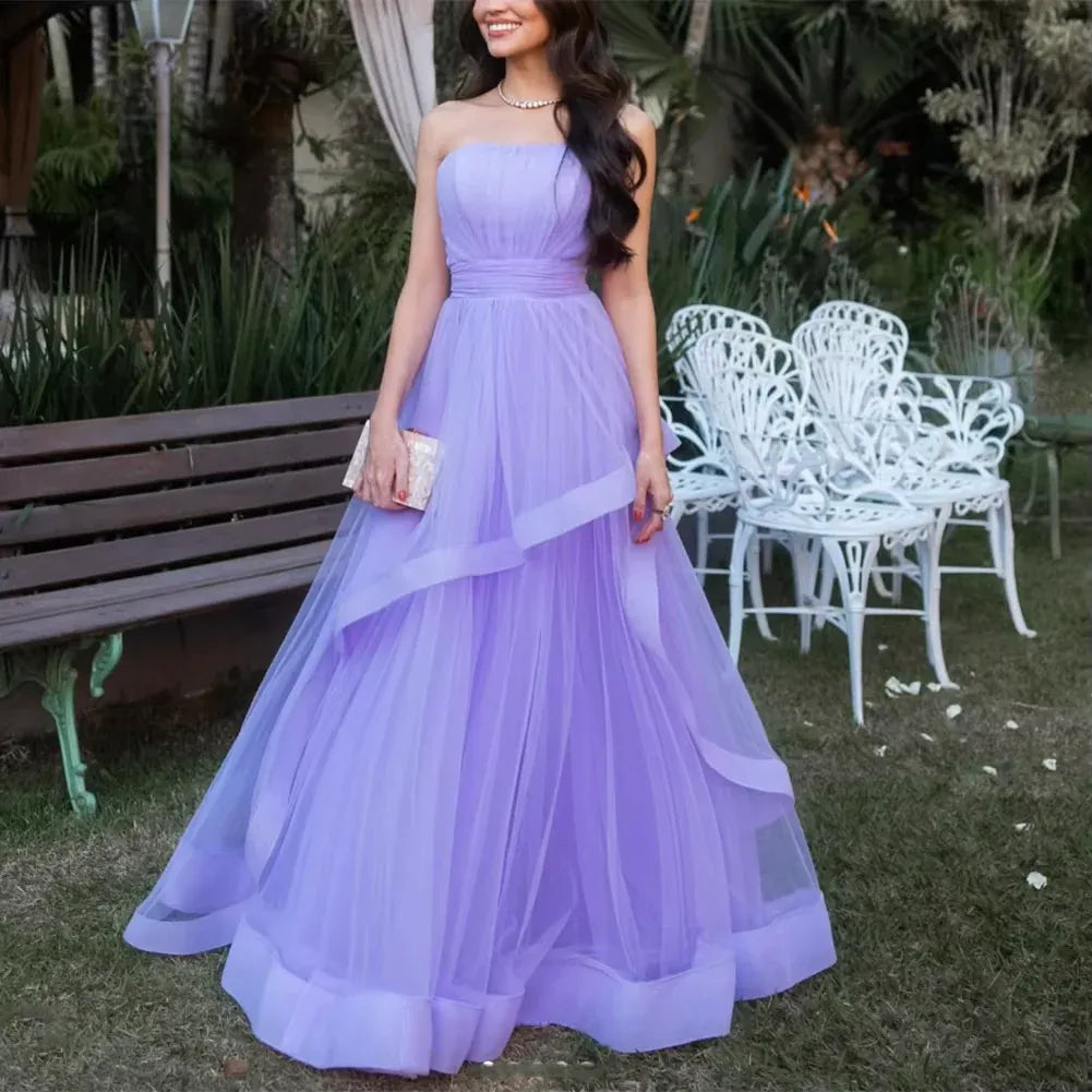 Ethereal A-Line Strapless Layered Tulle Lavender Floor-Length Prom Dress With Tie Bow