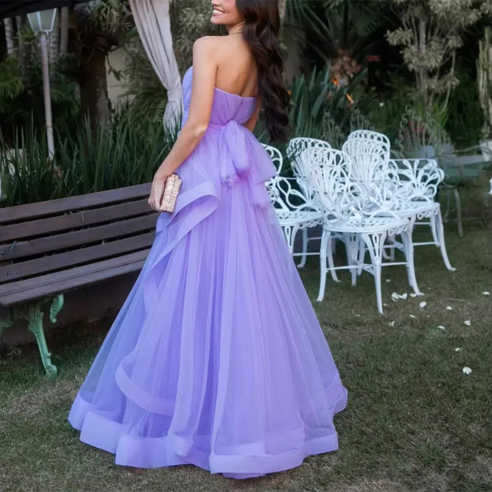 Ethereal A-Line Strapless Layered Tulle Lavender Floor-Length Prom Dress With Tie Bow