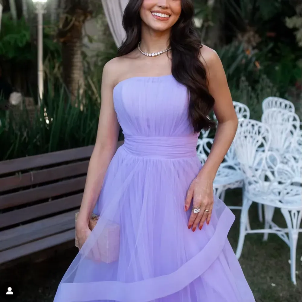 Ethereal A-Line Strapless Layered Tulle Lavender Floor-Length Prom Dress With Tie Bow